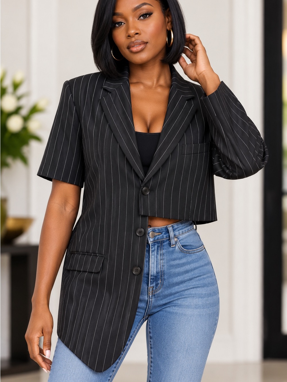 Upcycle Black Pinstripe Cropped asymmetric Short & long sleeve Blazer size XL